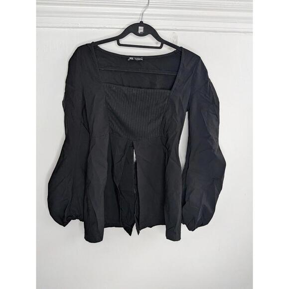 Zara Tops - Zara Blouse Womens Large Black Square Neck Long Balloon Sleeve Pleated Top